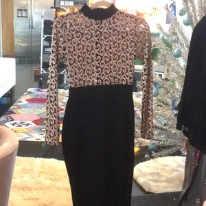 Elegant sheer black and gold lace fitted dress